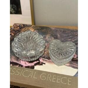 Vintage Gorham Chantilly Crystal Shell & Clear Glass Heart Trinket Jewelry Boxes